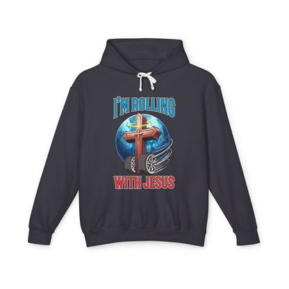 IM ROLLING WITH JESUS Lightweight Hooded Sweatshirt Blue Font Print