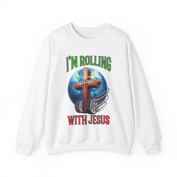 IM ROLLING WITH JESUS Heavy Blend™ Crewneck Sweatshirt Green Font Print