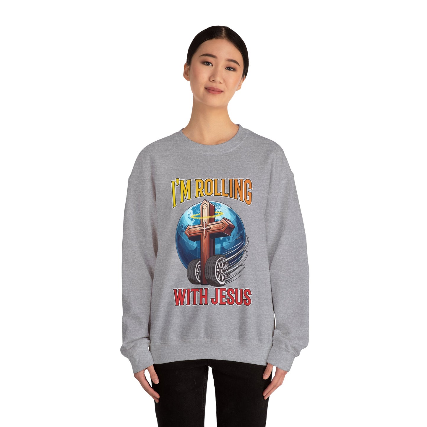 IM ROLLING WITH JESUS Heavy Blend™ Crewneck Sweatshirt Gold Font Print