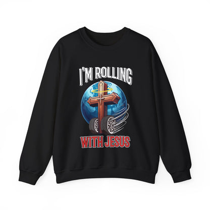 IM ROLLING WITH JESUS Heavy Blend™ Crewneck Sweatshirt White Font Print