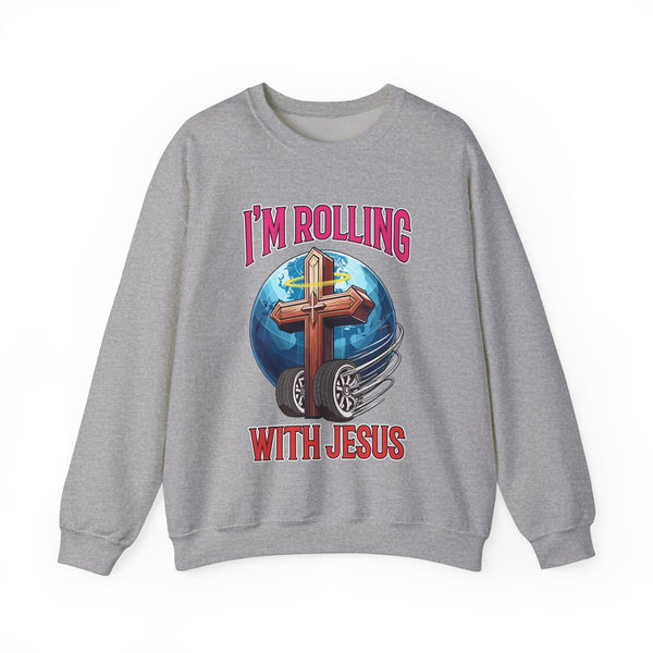 IM ROLLING WITH JESUS Heavy Blend™ Crewneck Sweatshirt Pink Font Print