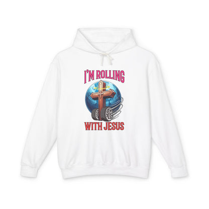 IM ROLLING WITH JESUS Lightweight Hooded Sweatshirt Pink Font Print