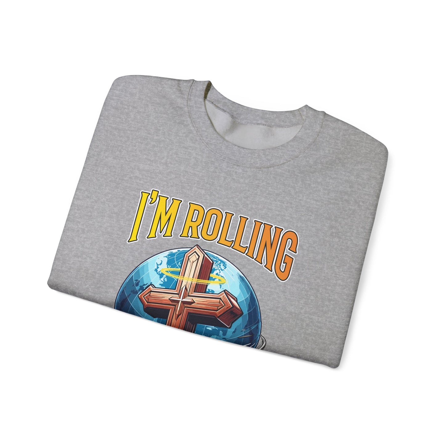 IM ROLLING WITH JESUS Heavy Blend™ Crewneck Sweatshirt Gold Font Print