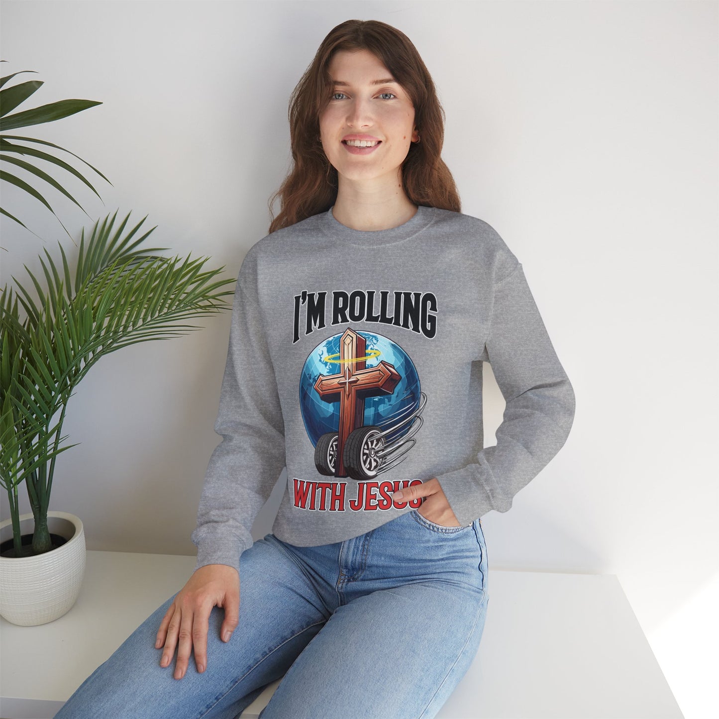 IM ROLLING WITH JESUS Heavy Blend™ Crewneck Sweatshirt Black Font Print