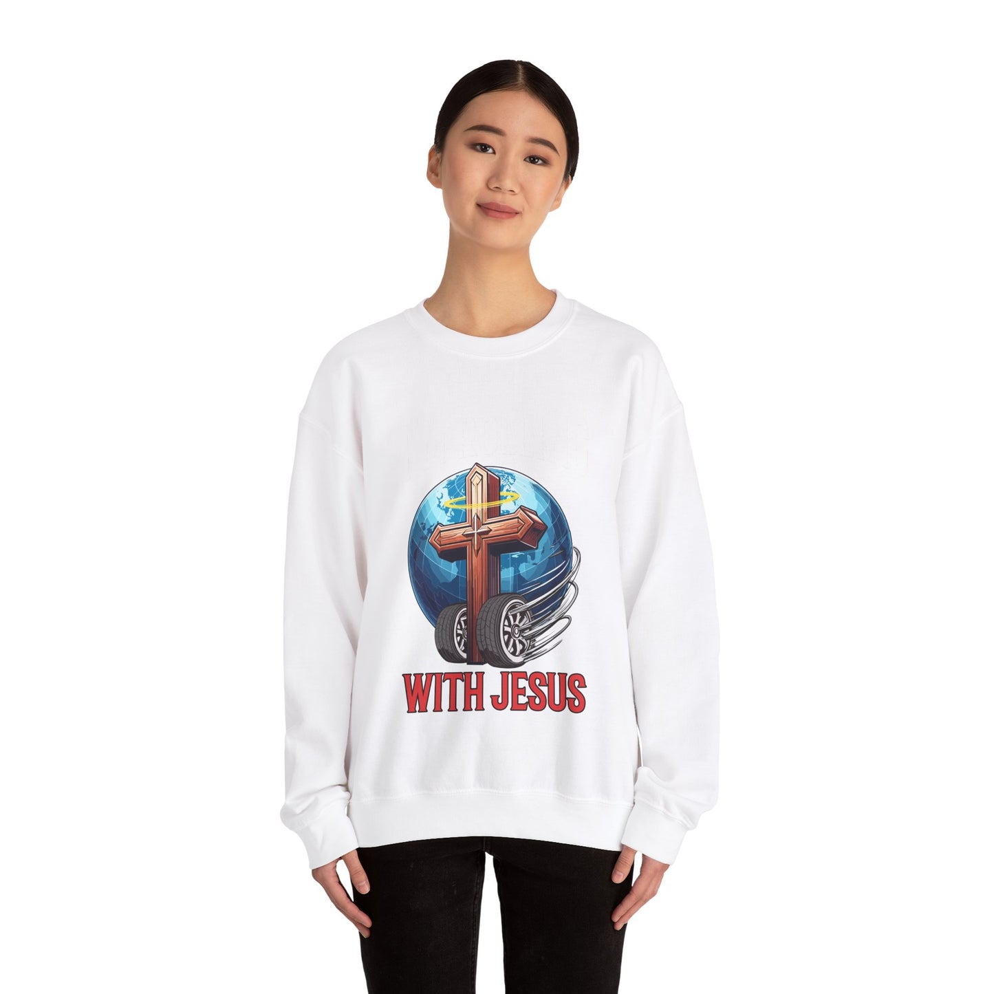 IM ROLLING WITH JESUS Heavy Blend™ Crewneck Sweatshirt White Font Print