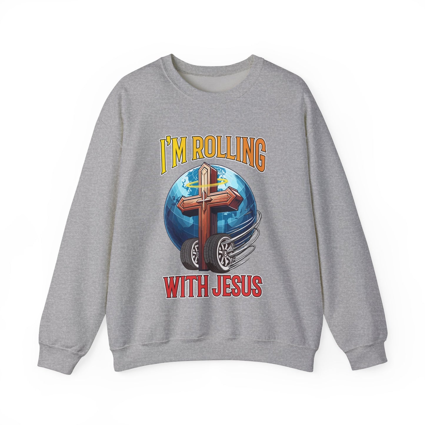 IM ROLLING WITH JESUS Heavy Blend™ Crewneck Sweatshirt Gold Font Print