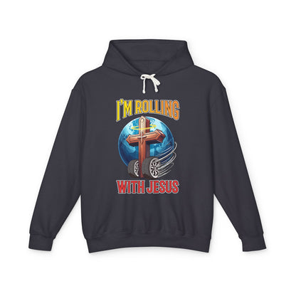 IM ROLLING WITH JESUS Lightweight Hooded Sweatshirt Gold Font Print