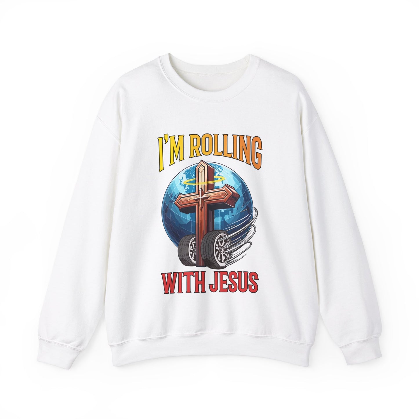 IM ROLLING WITH JESUS Heavy Blend™ Crewneck Sweatshirt Gold Font Print