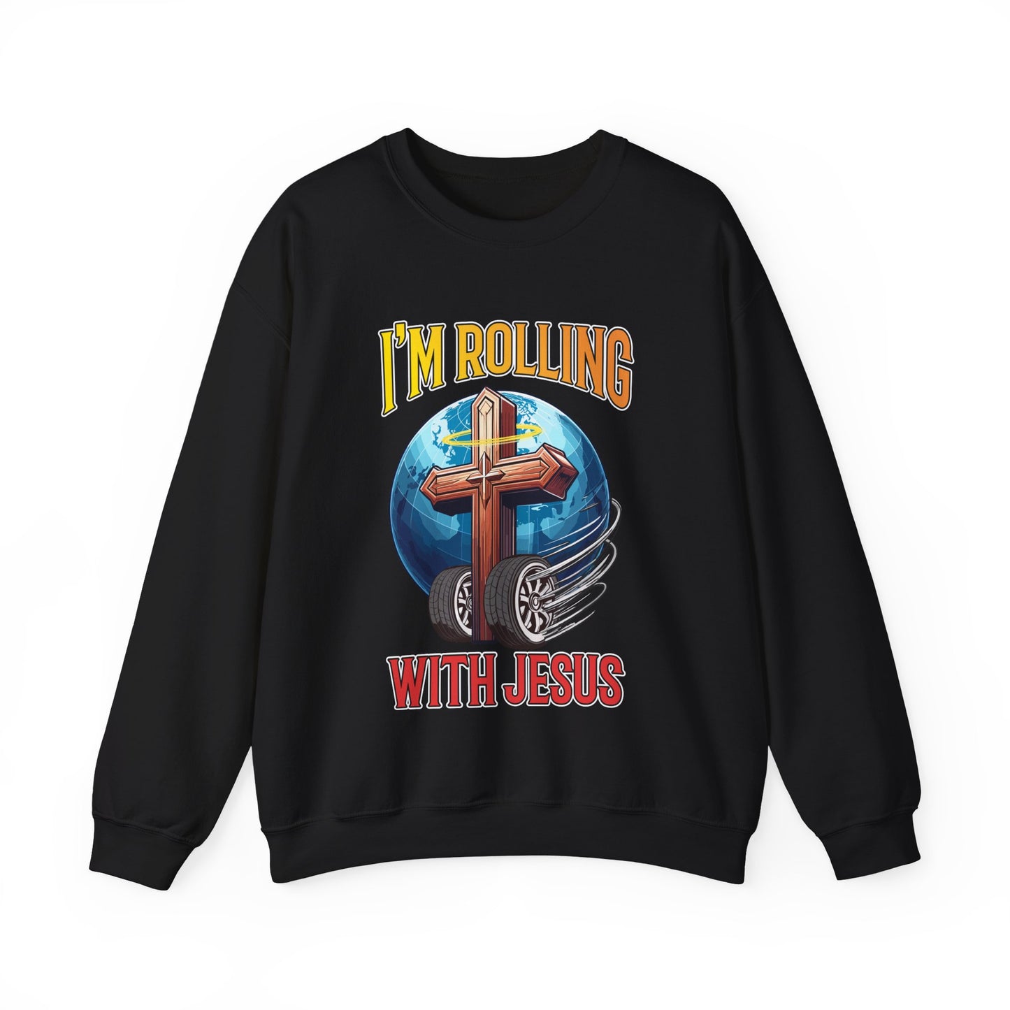 IM ROLLING WITH JESUS Heavy Blend™ Crewneck Sweatshirt Gold Font Print