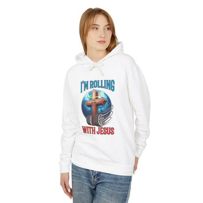 IM ROLLING WITH JESUS Lightweight Hooded Sweatshirt Blue Font Print