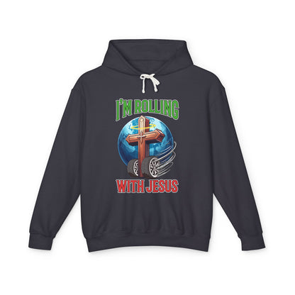 IM ROLLING WITH JESUS Lightweight Hooded Sweatshirt Green Font Print