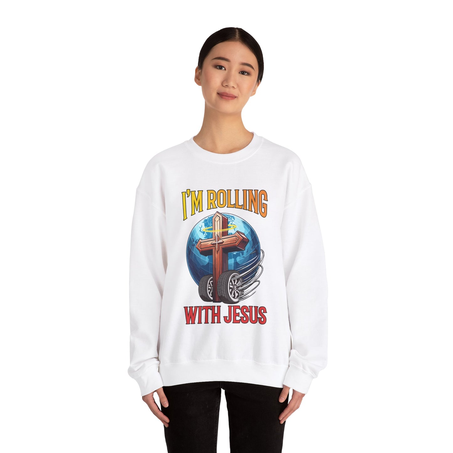 IM ROLLING WITH JESUS Heavy Blend™ Crewneck Sweatshirt Gold Font Print