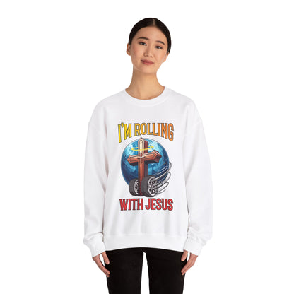 IM ROLLING WITH JESUS Heavy Blend™ Crewneck Sweatshirt Gold Font Print