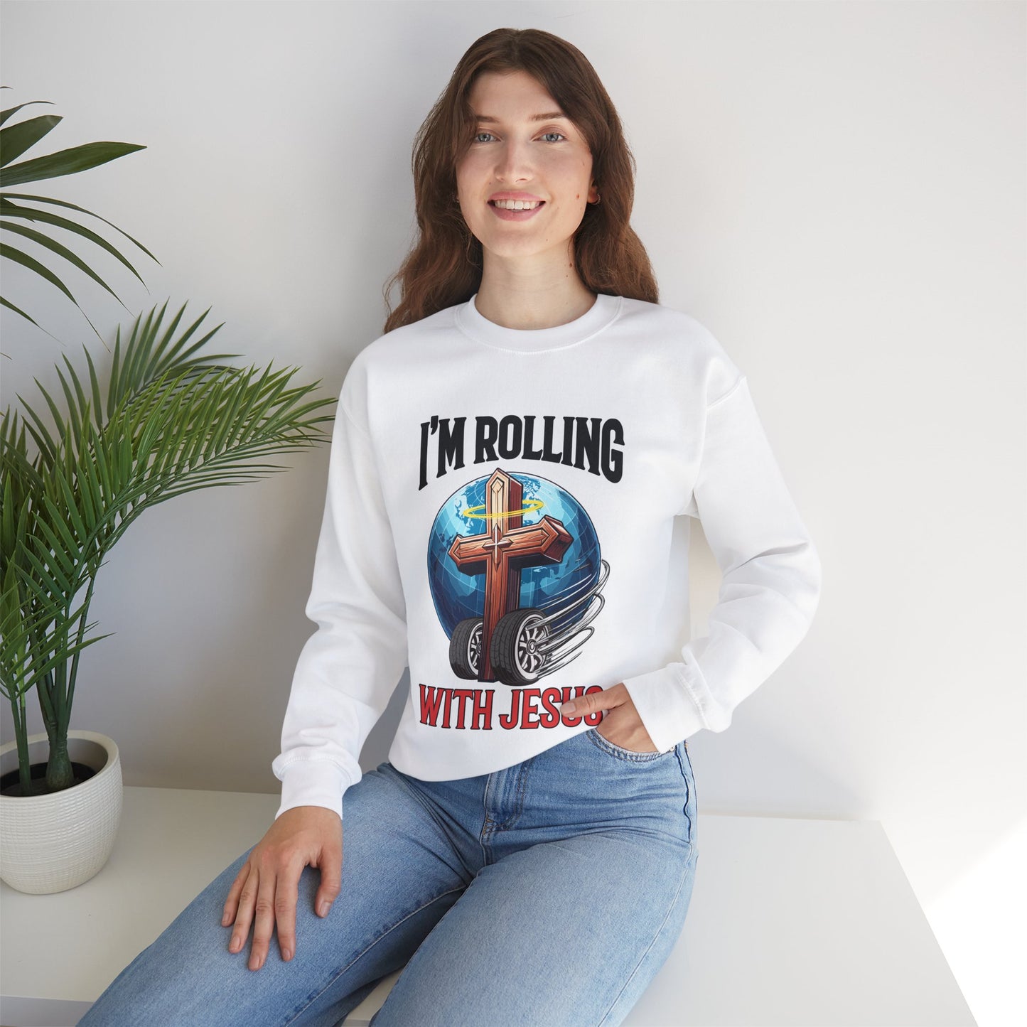 IM ROLLING WITH JESUS Heavy Blend™ Crewneck Sweatshirt Black Font Print