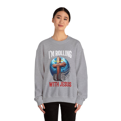 IM ROLLING WITH JESUS Heavy Blend™ Crewneck Sweatshirt White Font Print