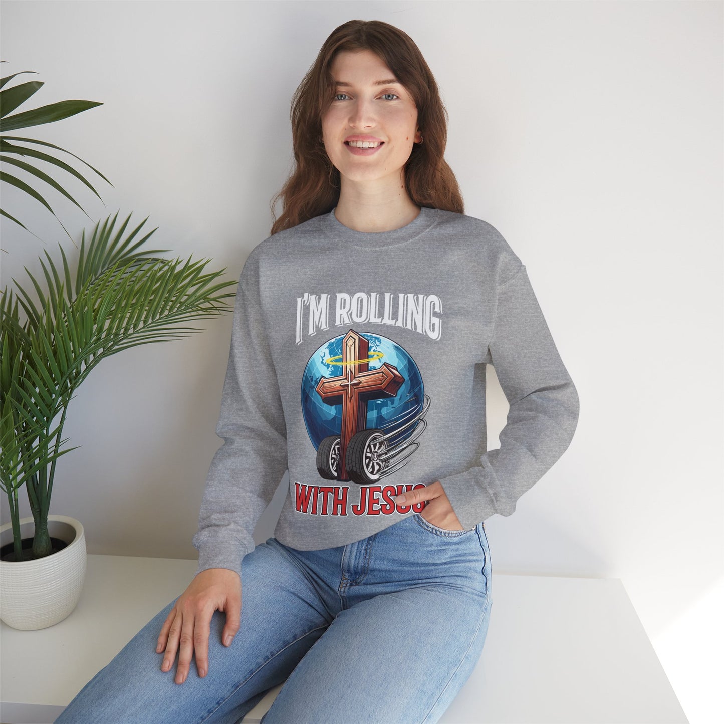 IM ROLLING WITH JESUS Heavy Blend™ Crewneck Sweatshirt White Font Print