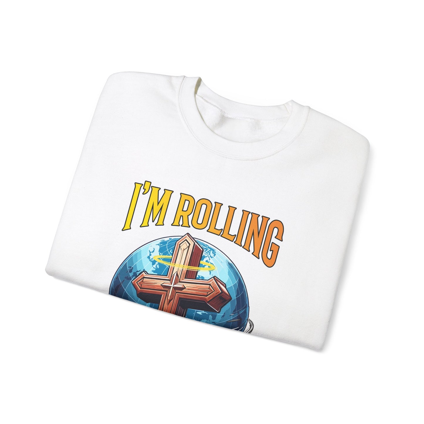 IM ROLLING WITH JESUS Heavy Blend™ Crewneck Sweatshirt Gold Font Print