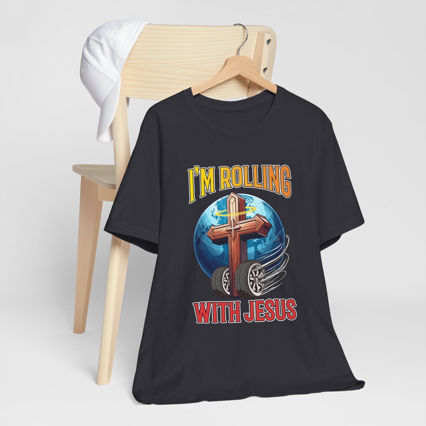 IM ROLLING WITH JESUS Regular Short Sleeve Tee Gold Font Print