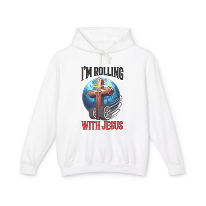 IM ROLLING WITH JESUS Lightweight Hooded Sweatshirt Black Font Print