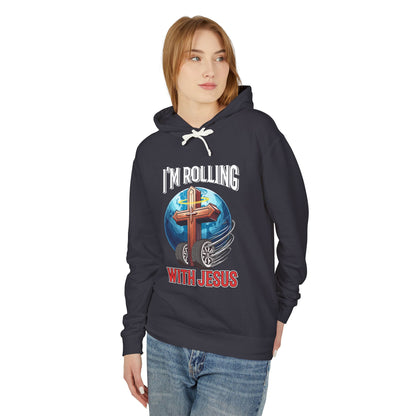 IM ROLLING WITH JESUS Lightweight Hooded Sweatshirt White Font Print