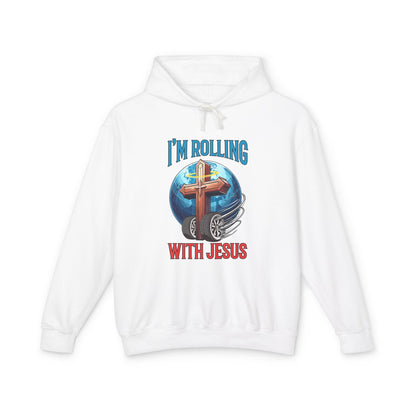 IM ROLLING WITH JESUS Lightweight Hooded Sweatshirt Blue Font Print