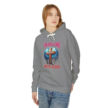 IM ROLLING WITH JESUS Lightweight Hooded Sweatshirt Pink Font Print