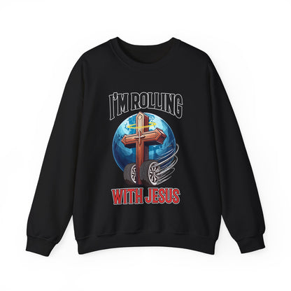 IM ROLLING WITH JESUS Heavy Blend™ Crewneck Sweatshirt Black Font Print