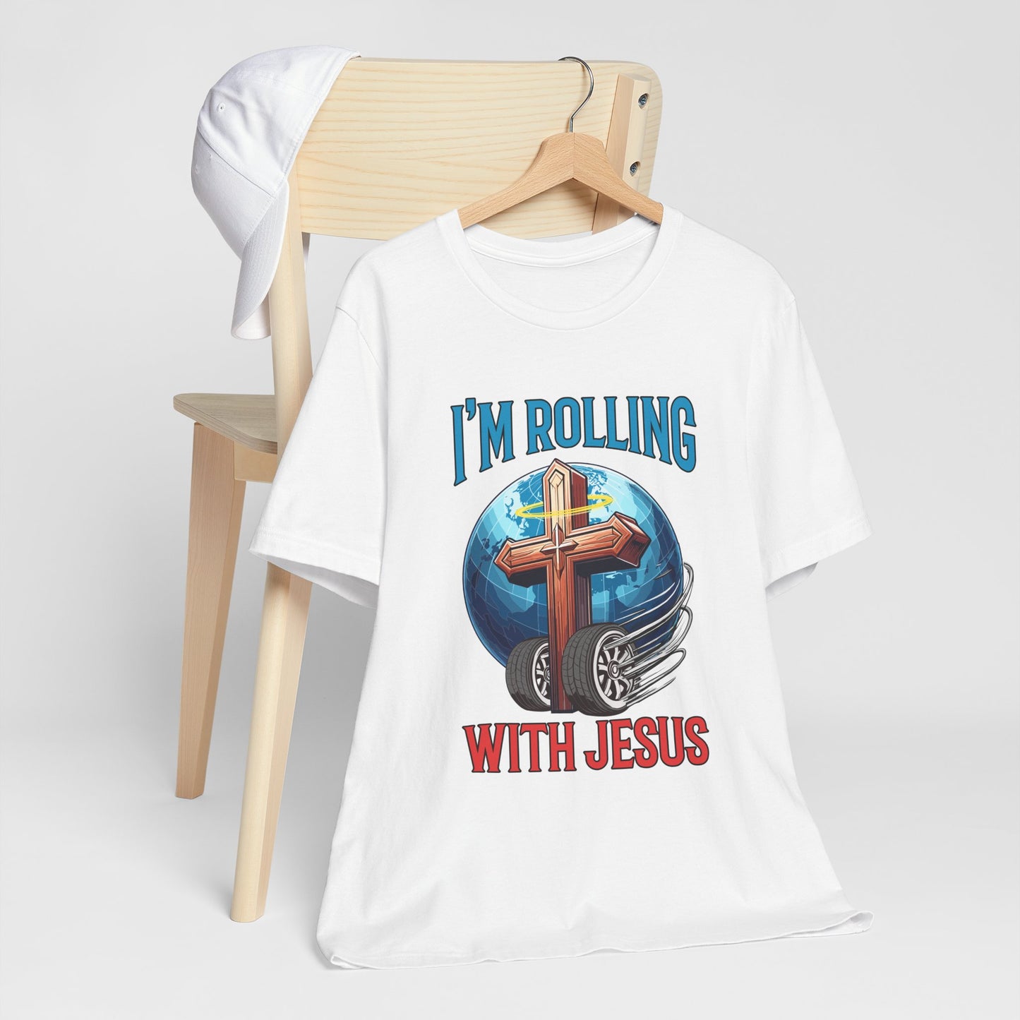 IM ROLLING WITH JESUS Regular Short Sleeve Tee Blue Font Print