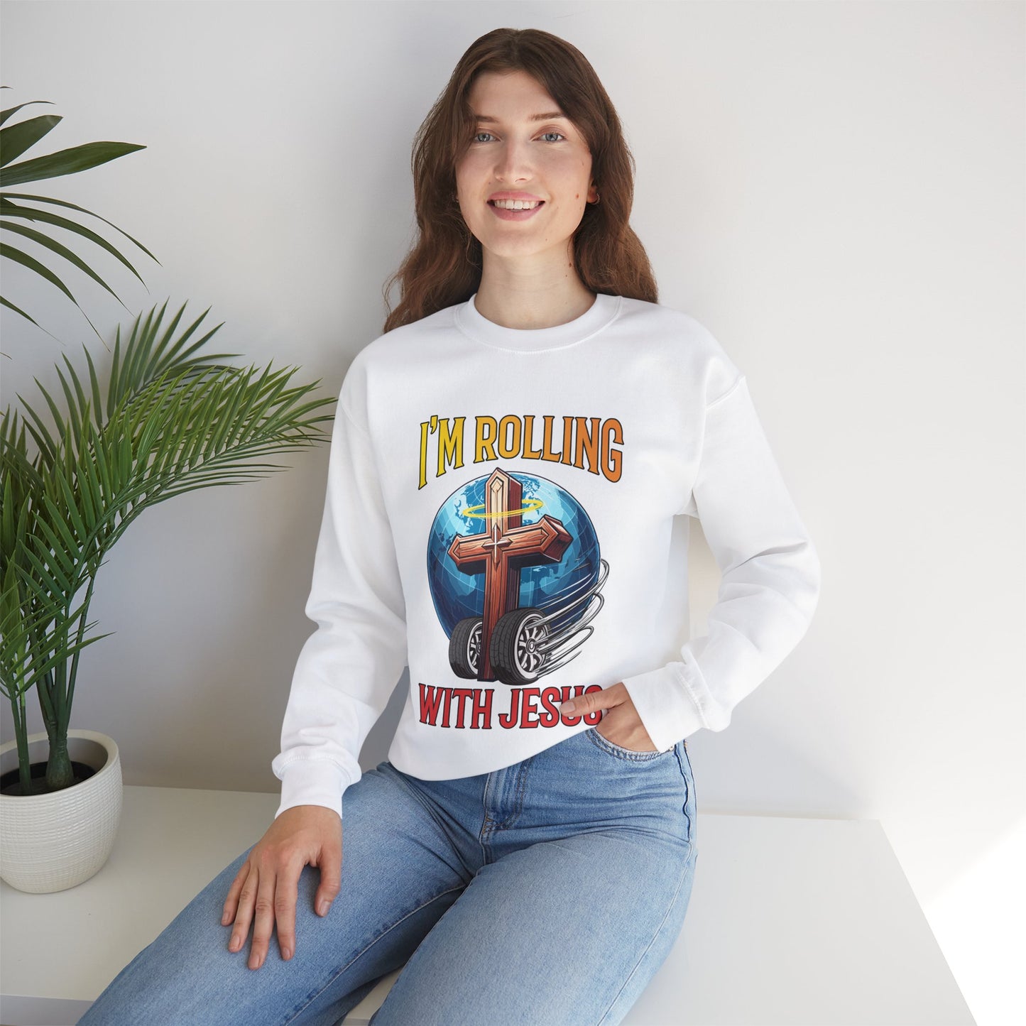 IM ROLLING WITH JESUS Heavy Blend™ Crewneck Sweatshirt Gold Font Print