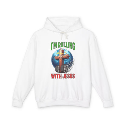 IM ROLLING WITH JESUS Lightweight Hooded Sweatshirt Green Font Print