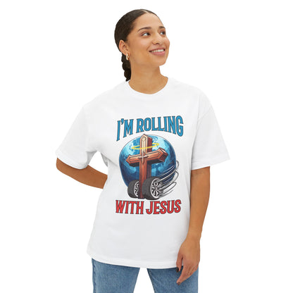 IM ROLLING WITH JESUS Oversized Tee Blue Font Print