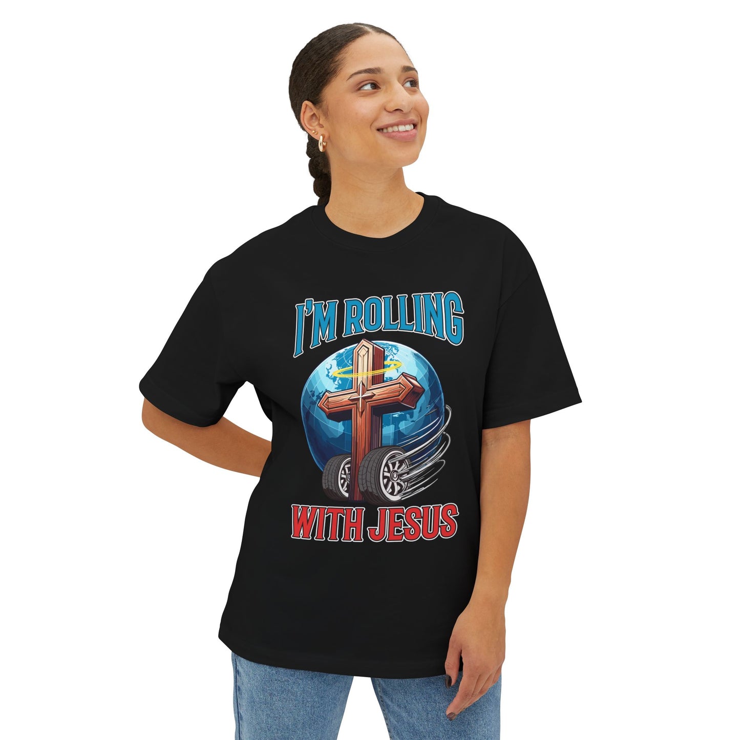 IM ROLLING WITH JESUS Oversized Tee Blue Font Print