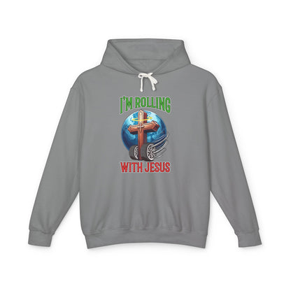 IM ROLLING WITH JESUS Lightweight Hooded Sweatshirt Green Font Print