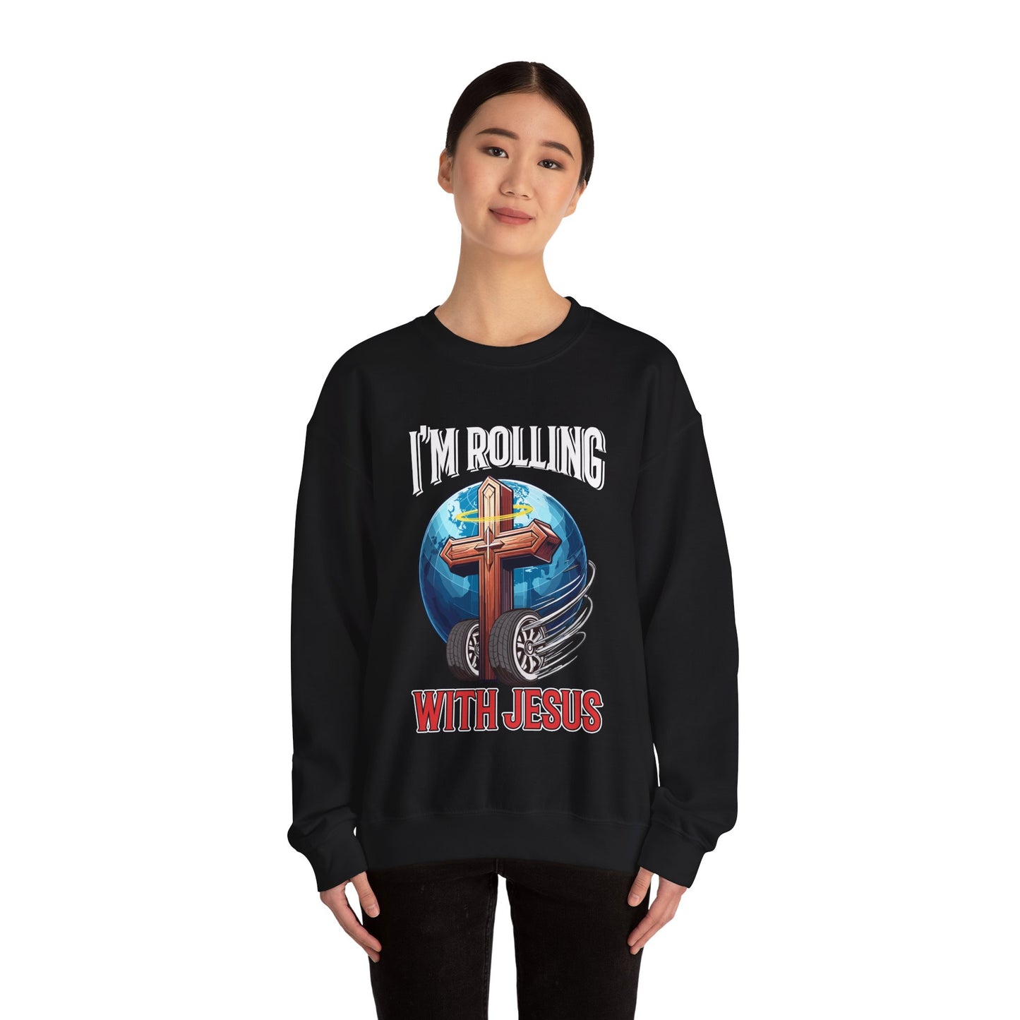 IM ROLLING WITH JESUS Heavy Blend™ Crewneck Sweatshirt White Font Print