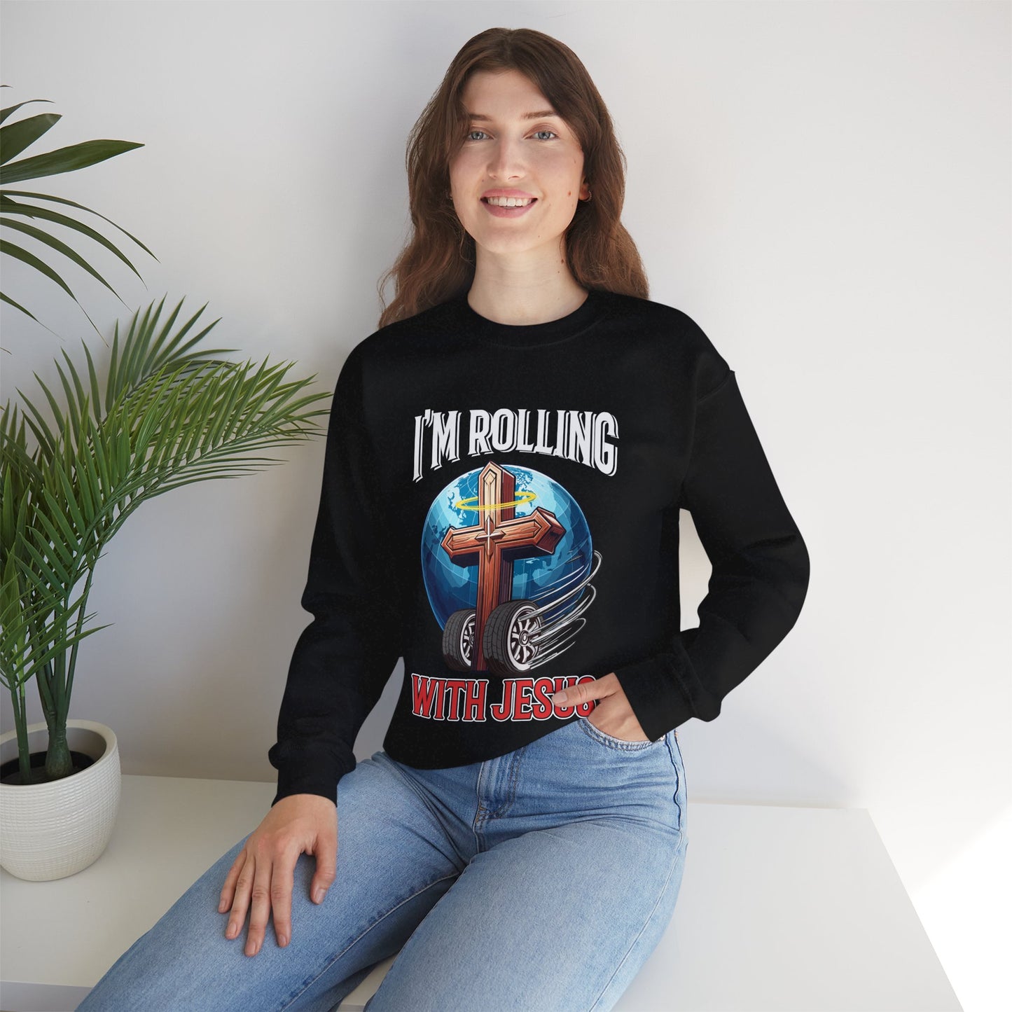 IM ROLLING WITH JESUS Heavy Blend™ Crewneck Sweatshirt White Font Print