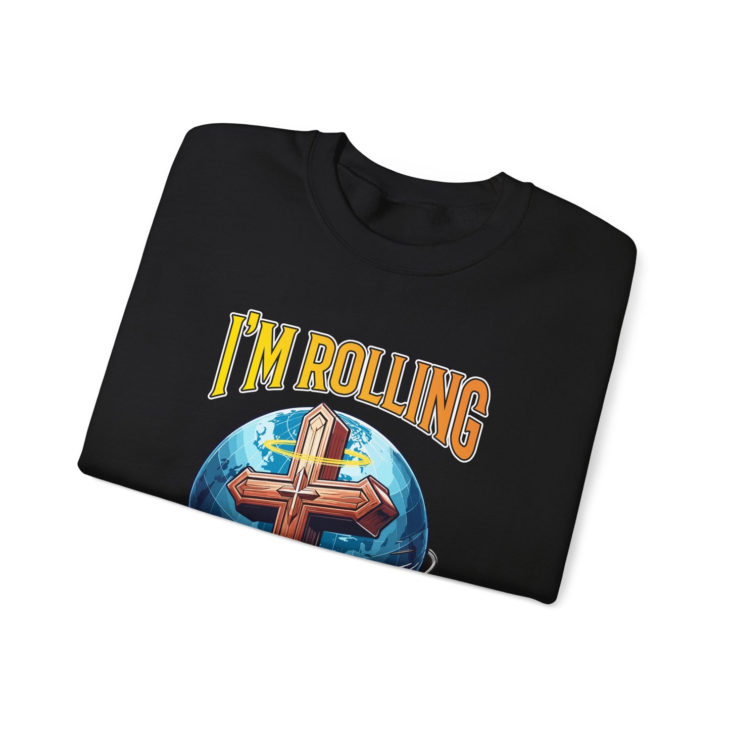 IM ROLLING WITH JESUS Heavy Blend™ Crewneck Sweatshirt Gold Font Print