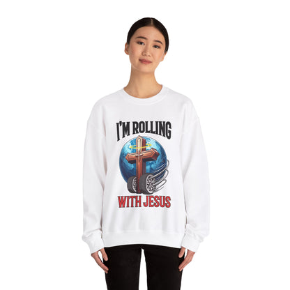 IM ROLLING WITH JESUS Heavy Blend™ Crewneck Sweatshirt Black Font Print