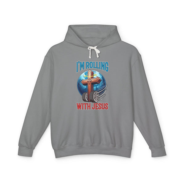 IM ROLLING WITH JESUS Lightweight Hooded Sweatshirt Blue Font Print