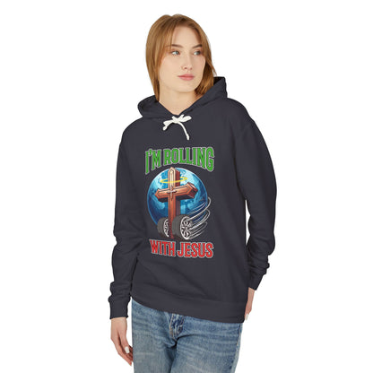 IM ROLLING WITH JESUS Lightweight Hooded Sweatshirt Green Font Print