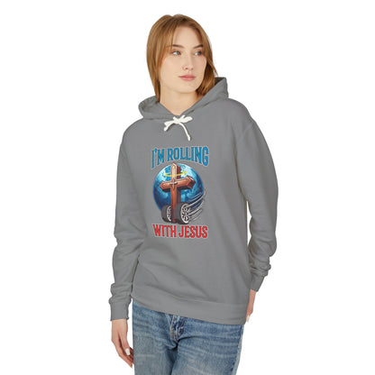 IM ROLLING WITH JESUS Lightweight Hooded Sweatshirt Blue Font Print