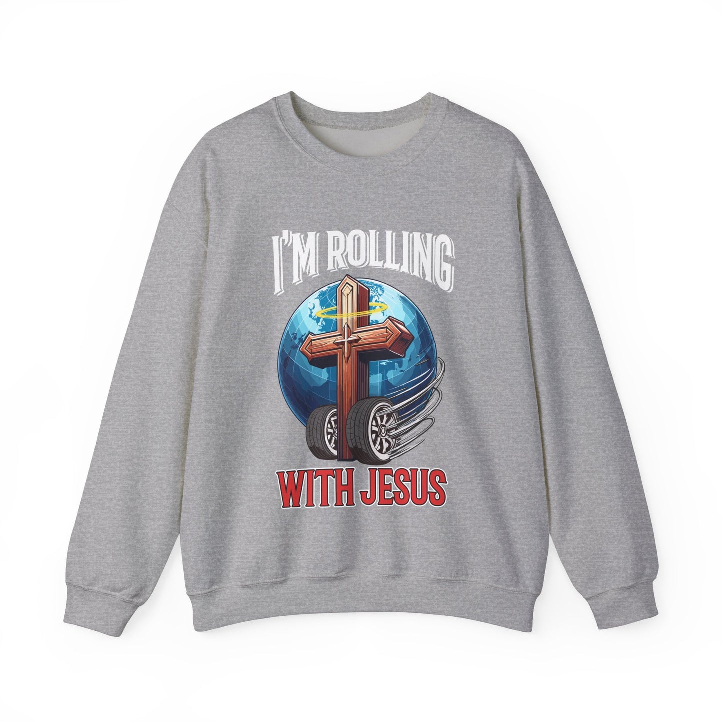 IM ROLLING WITH JESUS Heavy Blend™ Crewneck Sweatshirt White Font Print