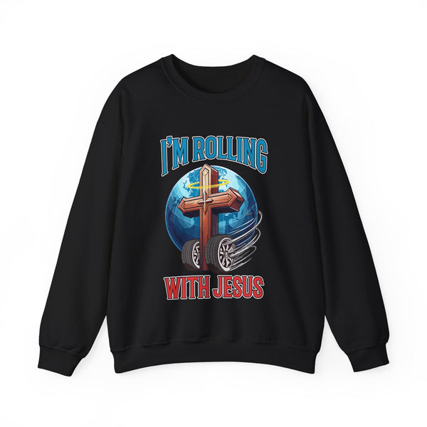 IM ROLLING WITH JESUS Heavy Blend™ Crewneck Sweatshirt Blue Font Print