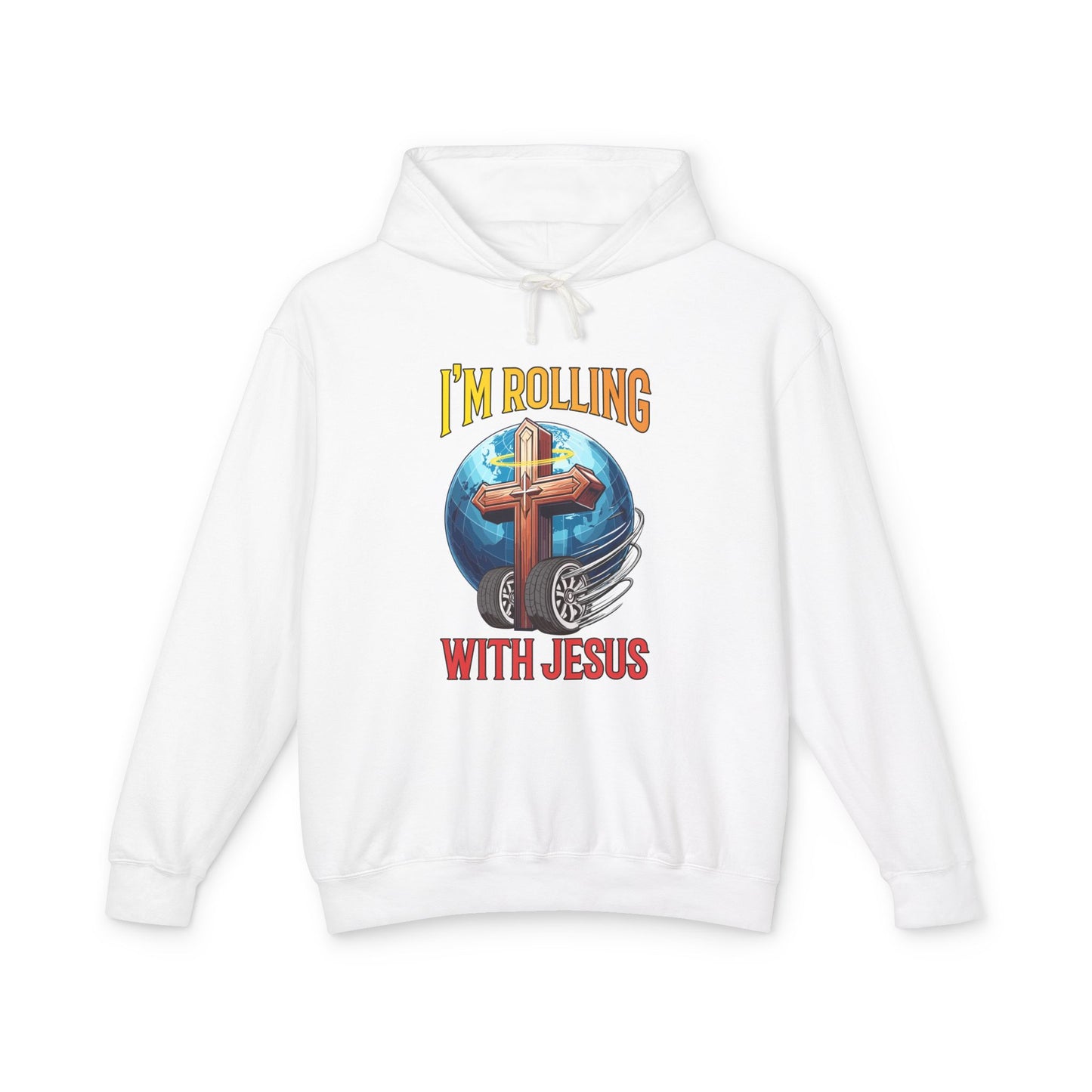 IM ROLLING WITH JESUS Lightweight Hooded Sweatshirt Gold Font Print