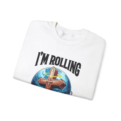 IM ROLLING WITH JESUS Heavy Blend™ Crewneck Sweatshirt Black Font Print