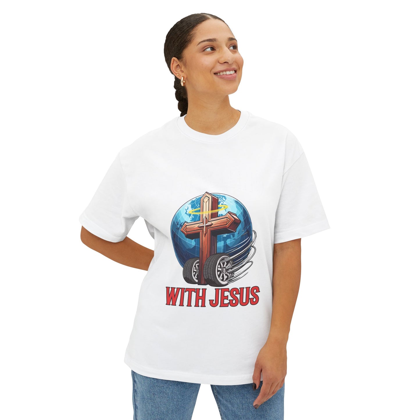 IM ROLLING WITH JESUS Oversized Tee White Font Print