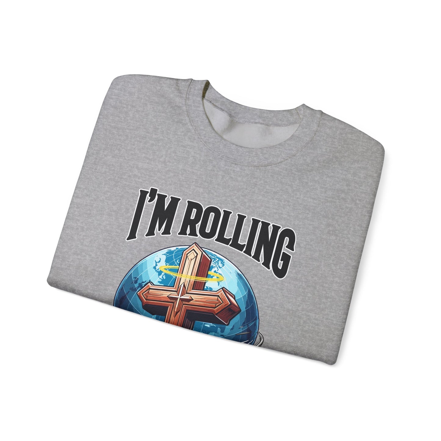 IM ROLLING WITH JESUS Heavy Blend™ Crewneck Sweatshirt Black Font Print