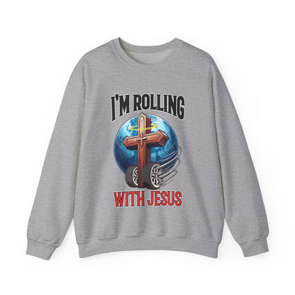 IM ROLLING WITH JESUS Heavy Blend™ Crewneck Sweatshirt Black Font Print