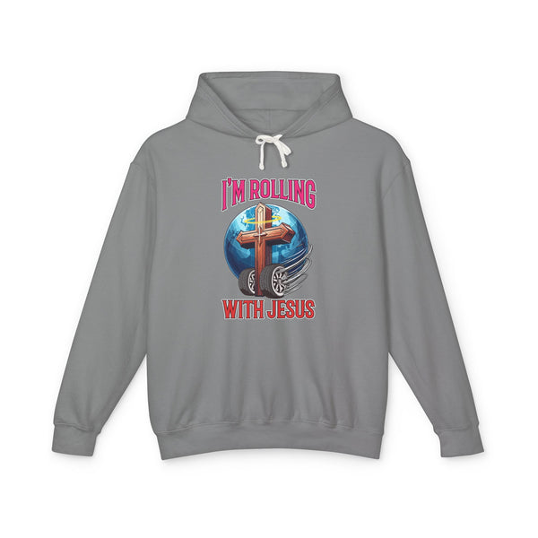 IM ROLLING WITH JESUS Lightweight Hooded Sweatshirt Pink Font Print