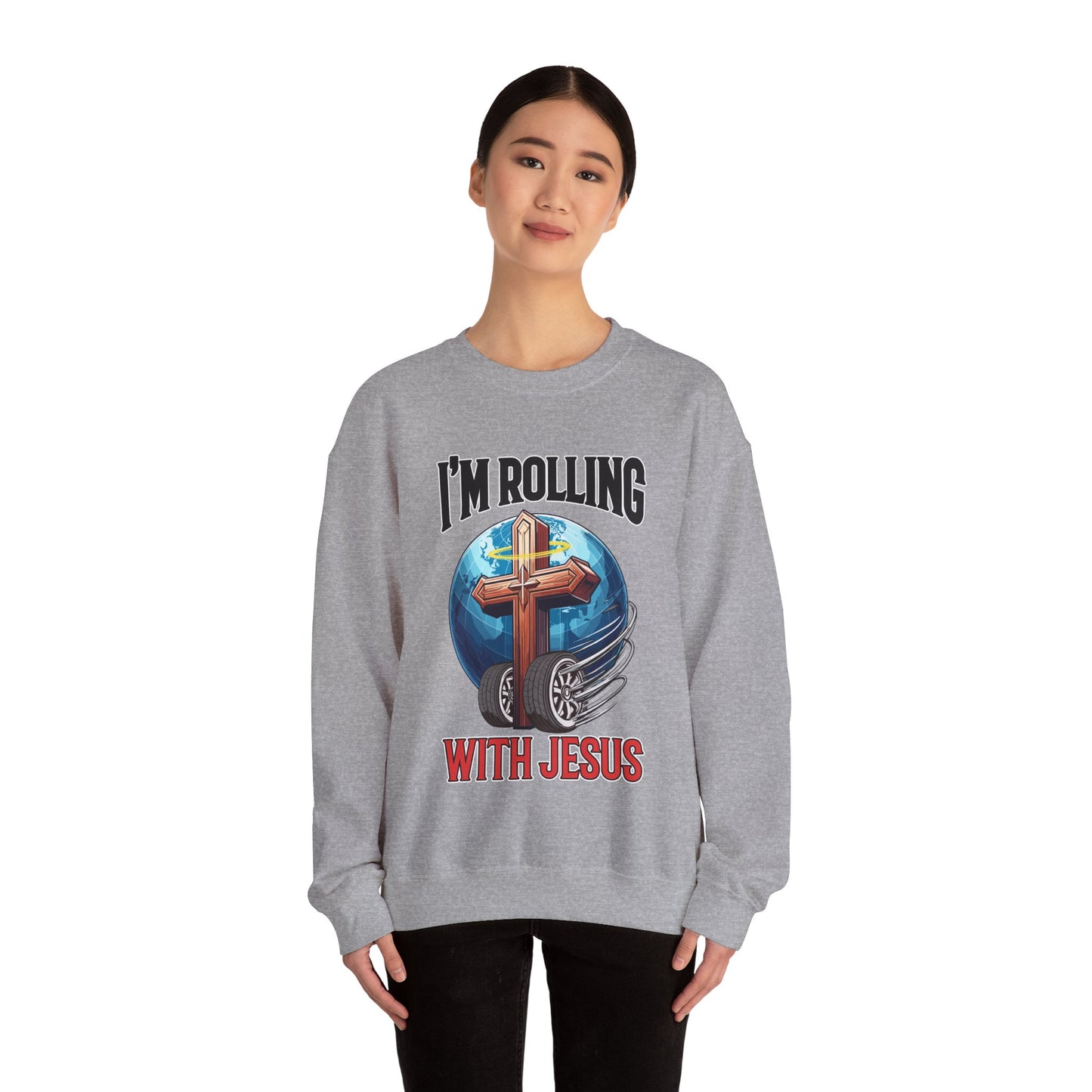 IM ROLLING WITH JESUS Heavy Blend™ Crewneck Sweatshirt Black Font Print