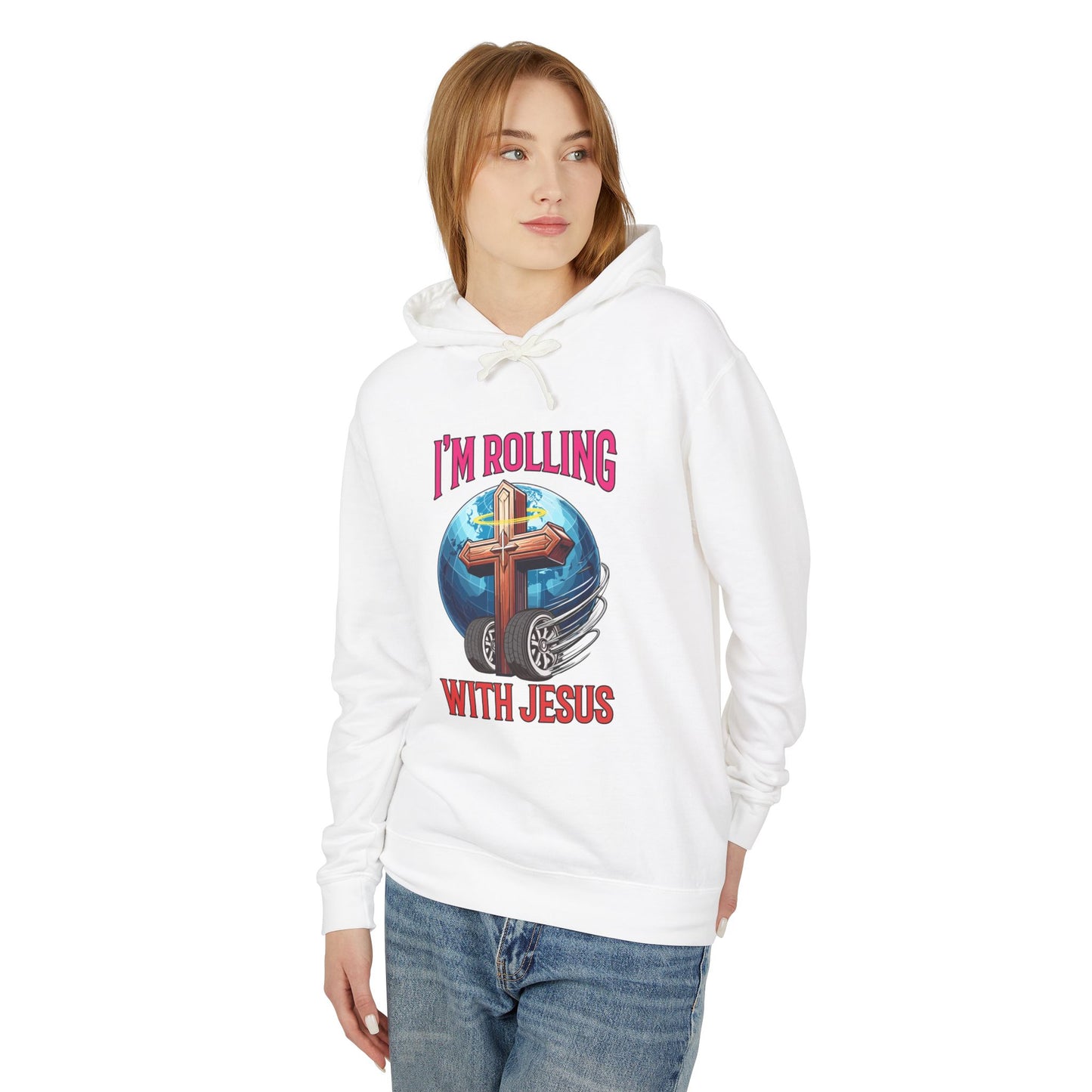 IM ROLLING WITH JESUS Lightweight Hooded Sweatshirt Pink Font Print